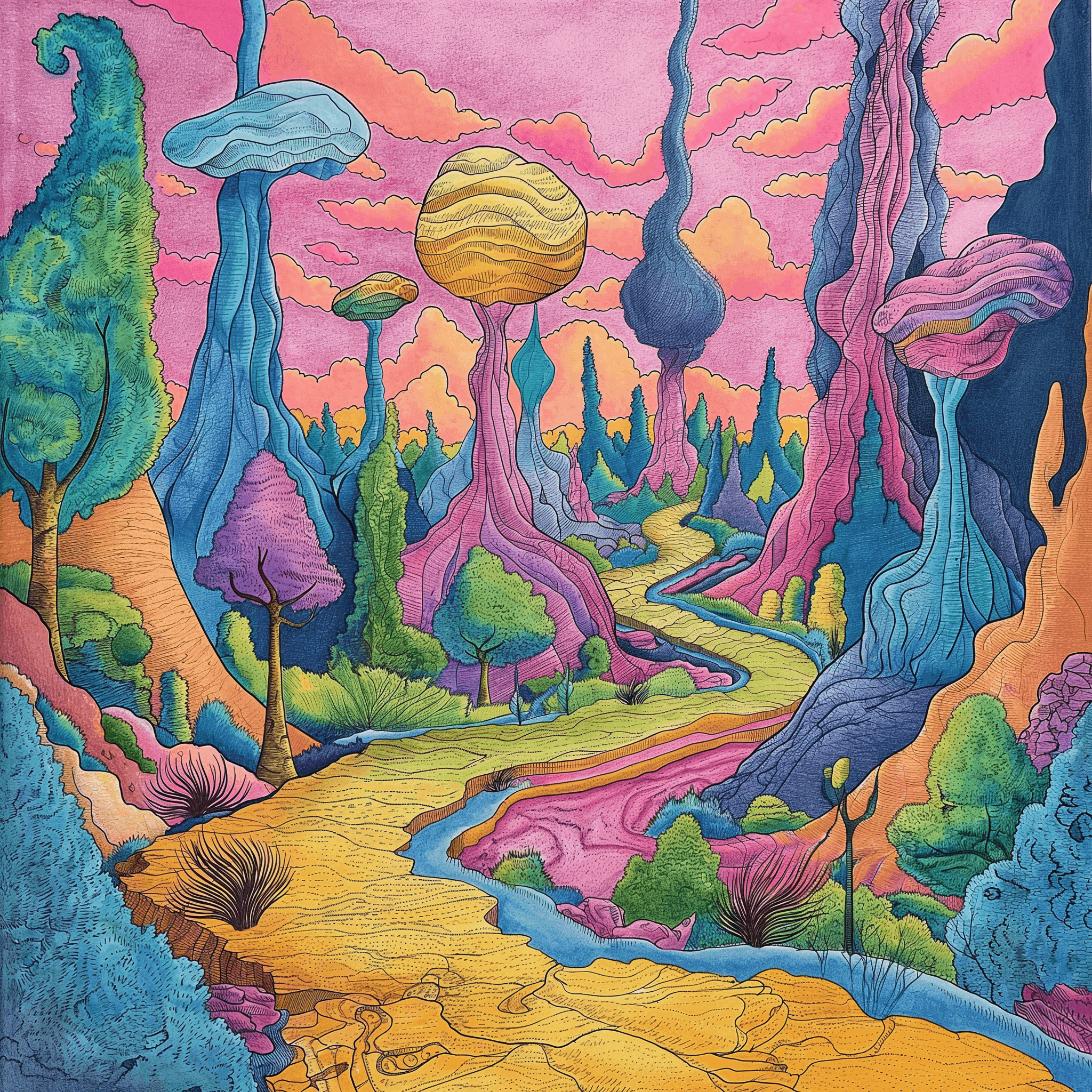Pen drawing of dreamy colorful landscape