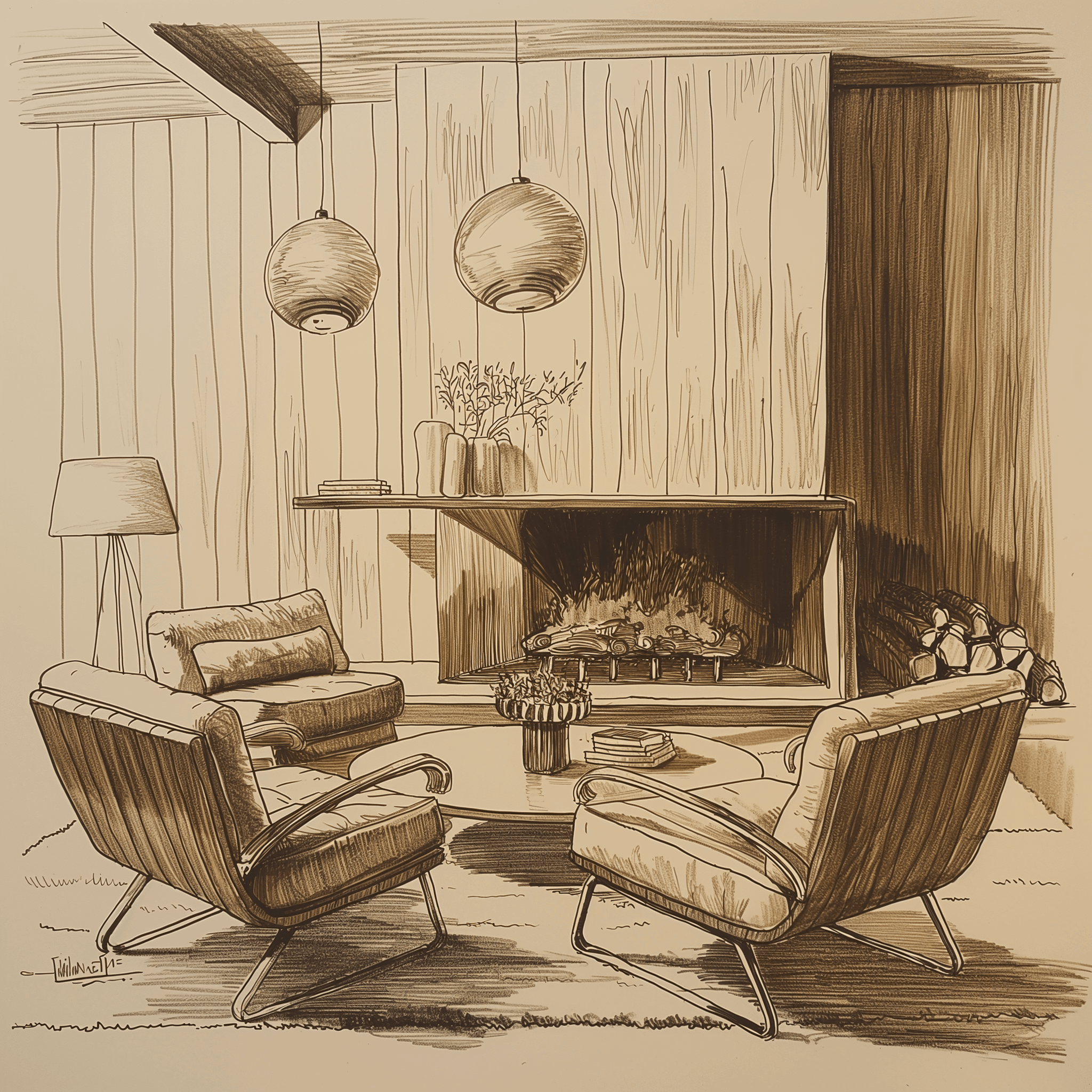 pen drawing of modern cozy stylish livingroom